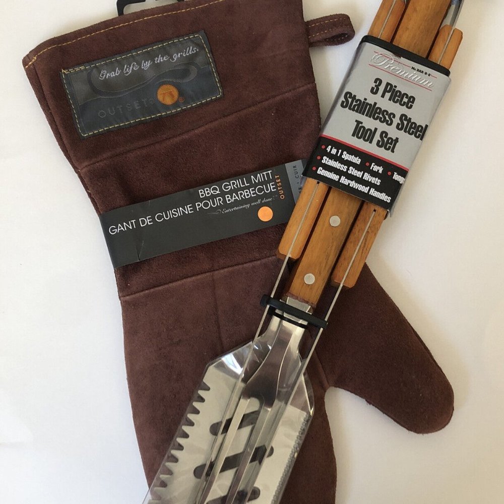 Outset Brown Suede Leather Grill Mitt & 3 Pc Tool Set-BBQ-Tongs-Fork-Fathers Day